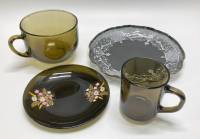 Фруктовница + блюдце + 2 кружки, цветное стекло