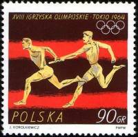 (1964-059) Марка Польша "Эстафетный бег"   Летние Олимпийские игры 1964, Токио II Θ