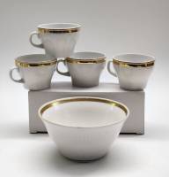 Чашки кофейные Пролетарий 4 шт и Конфетница-салатник ЛОЗ белые с золотым