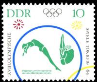 (1964-038) Марка Германия (ГДР) "Прыжки в воду (2)"    Летние ОИ 1964, Токио II Θ