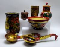 Посуда хохлома 7 предметов ваза салатник ложка половник сахарница банка д/сыпучи стакан