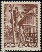 (1952-027) Марка Польша "Строительство ЛЭП (Коричневая)"   Шестилетний план I Θ