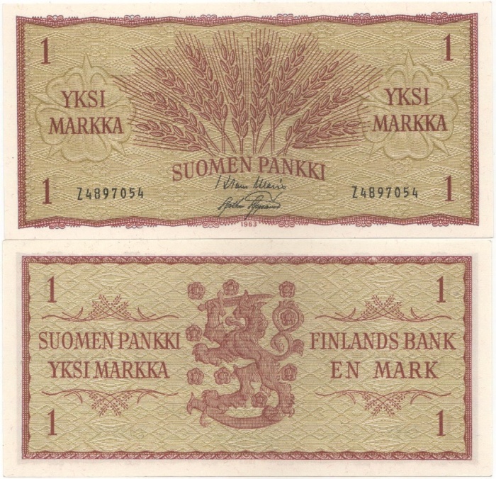 Банкнота Финляндия 1963 год 1 марка Колосья Waris - Aspelund  UNC
