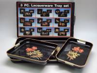 Набор подносов в коробке пластик этно стиль Тайвань 3 черных глубоких подноса рисунок роза