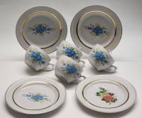 Тарелки десертные 4 шт Чашки чайные 4 шт Богдановичи и Грузино Красный фарфорист СССР голубые цветы