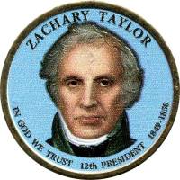 12p Монета США 2009 год 1 доллар Закари Тейлор  Вариант №1 Латунь  COLOR. Цветная