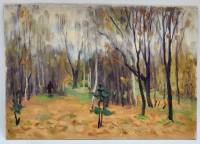 Картина Тулаев В. Н. 1979 г. Прогулка в осеннем лесу Пейзаж масло картон 35х25 см