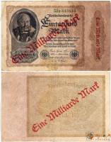 1923 Банкнота Германия 1 000 000 000 Миллиард Марок Надп на 1000 мар 1922 7-й выпуск  VF