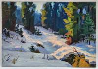 Картина Тулаев В. Н. 1974 г. Пейзаж Сугробы в хвойном лесу масло картон 35х25 см