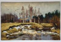 Картина Тулаев В. Н. 1979 г. Река и лес весной Пейзаж масло картон 35х23 см