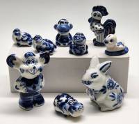 Фигурки статуэтки гжель 9 шт заяц мышь бегемот петух обезьяна утенок лягушка черепаха