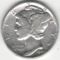 1944 Монета США 10 центов  Свобода в колпаке с крыльями Меркурий Серебро Ag 900  VF