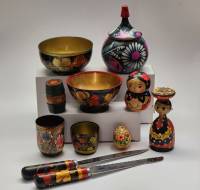 Посуда хохлома дерево сахарница миски матрешки ножи (9 предметов)