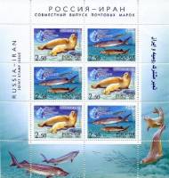 2003-069-70 Лист 6м 2х3 Россия-Иран 2.5 руб x6 Обитатели  Сохраним природу Каспийского моря III O