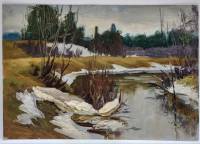 Картина Тулаев В. Н. 1979 г. Река. Начало весны. Пейзаж масло картон 35х24 см