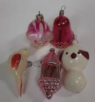 Набор ёлочных игрушек "Ассорти", стекло (есть скол на домике), 5 шт., СССР (сост. на фото)