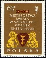 (1963-041) Марка Польша "Герб Гданьска"   28-й Чемпионат по фехтованию в Гданьске III O