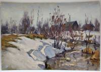 Картина Тулаев В. Н. 1984 г. Зимой в деревне. Пейзаж масло картон 35х25 см