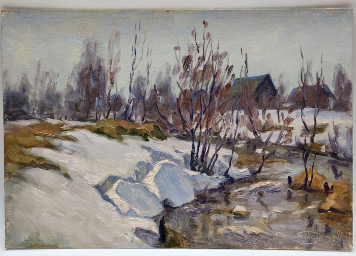 Картина Тулаев В. Н. 1984 г. Зимой в деревне. Пейзаж масло картон 35х25 см